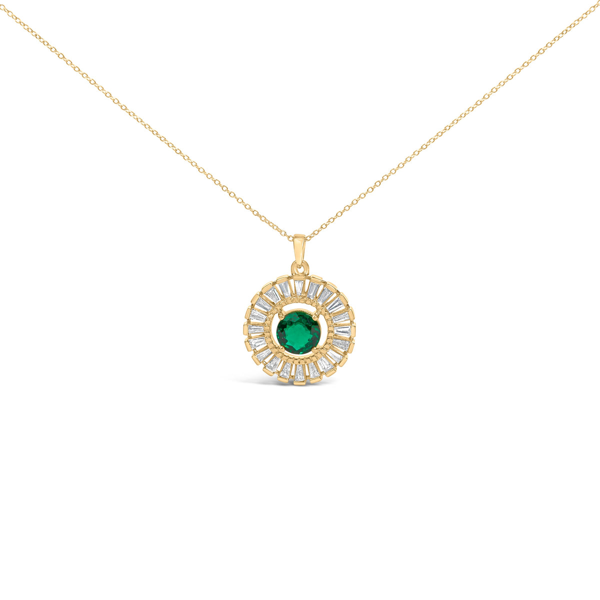 14K Yellow Gold Plated Silver Lab Grown Emerald and Diamond Sunburst Medallion Pendant Necklace