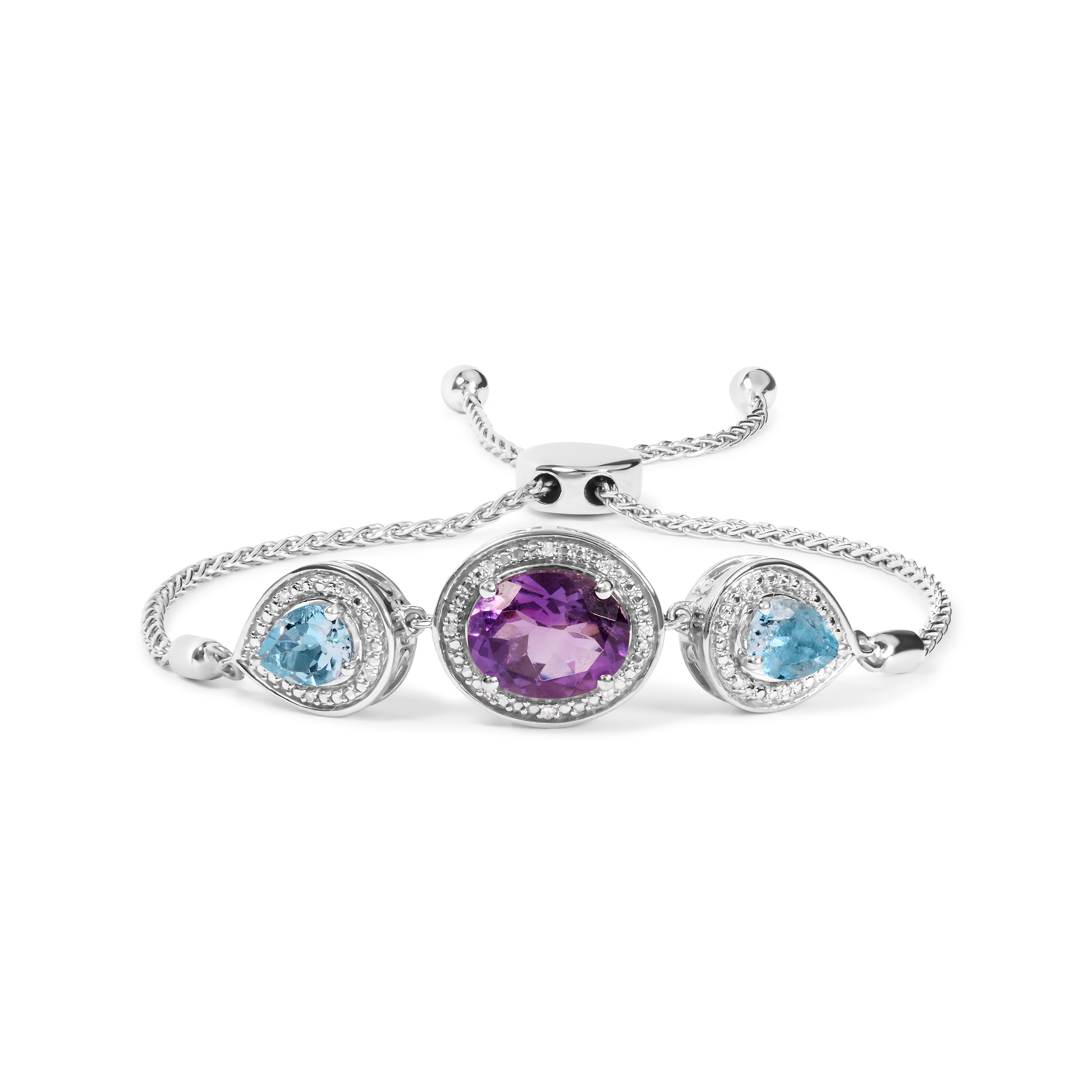 .925 Sterling Silver Oval Amethyst and Pear Blue Topaz with Diamond Accent Lariat 4â€-10†Adjustable Bolo Bracelet (H-I Color, SI1-SI2 Clarity)