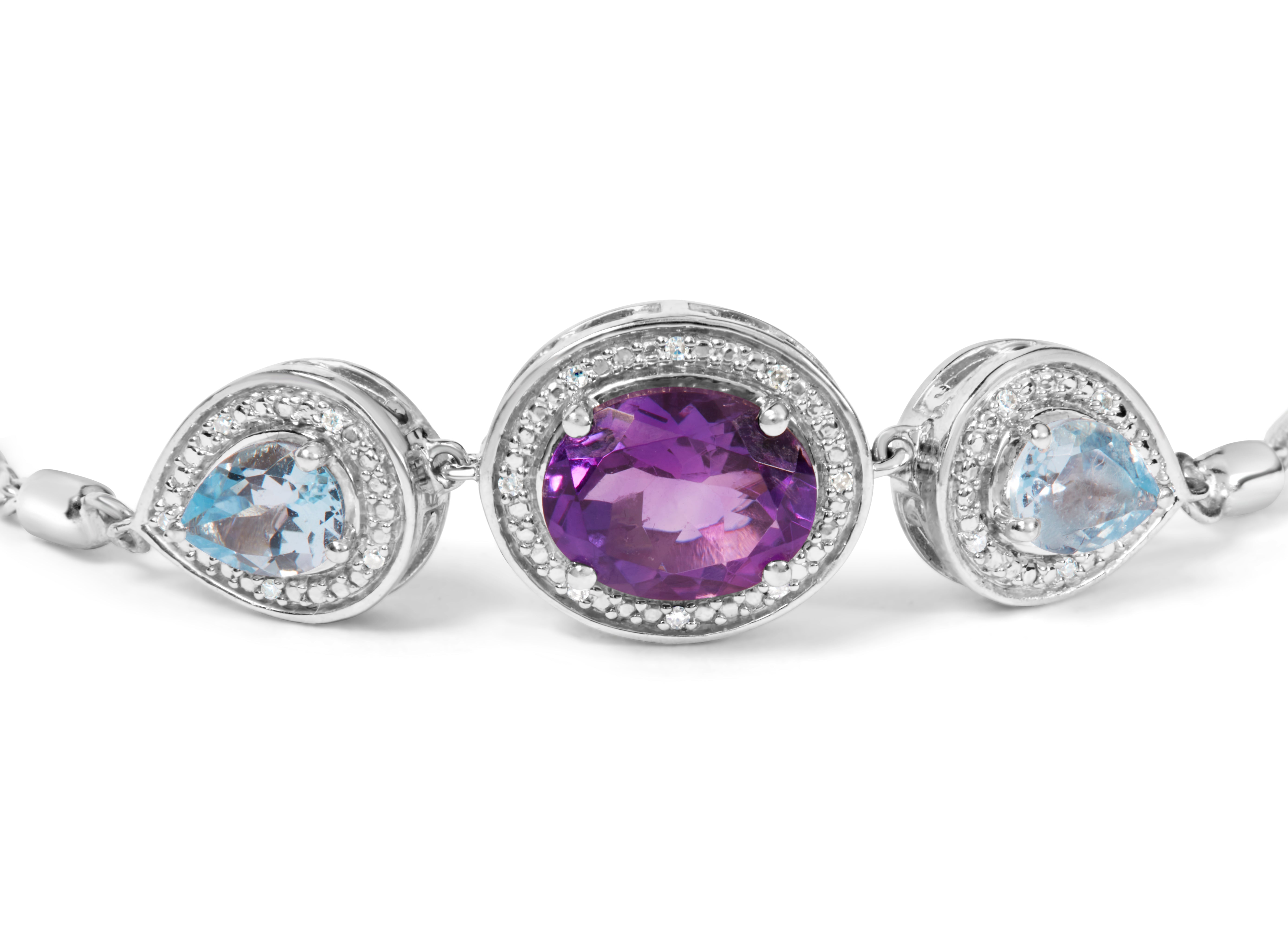 .925 Sterling Silver Oval Amethyst and Pear Blue Topaz with Diamond Accent Lariat 4â€-10†Adjustable Bolo Bracelet (H-I Color, SI1-SI2 Clarity)
