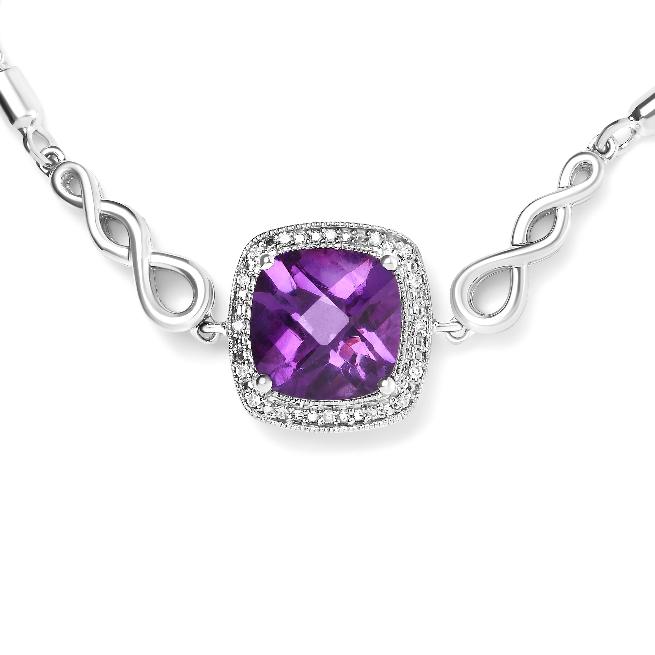 .925 Sterling Silver 10mm Cushion Cut Amethyst Gemstone and Diamond Accent Lariat 4â€-10†Adjustable Bolo Bracelet (H-I Color, SI1-SI2 Clarity)