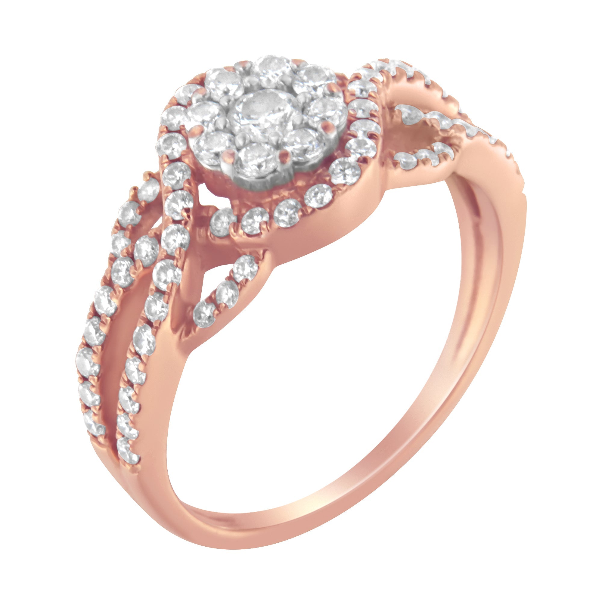 10K Rose Gold 3/4 Cttw Diamond Floral Cluster Head and Twisted Shank Cocktail Ring (H-I Color, SI1-SI2 Clarity)- Size 7