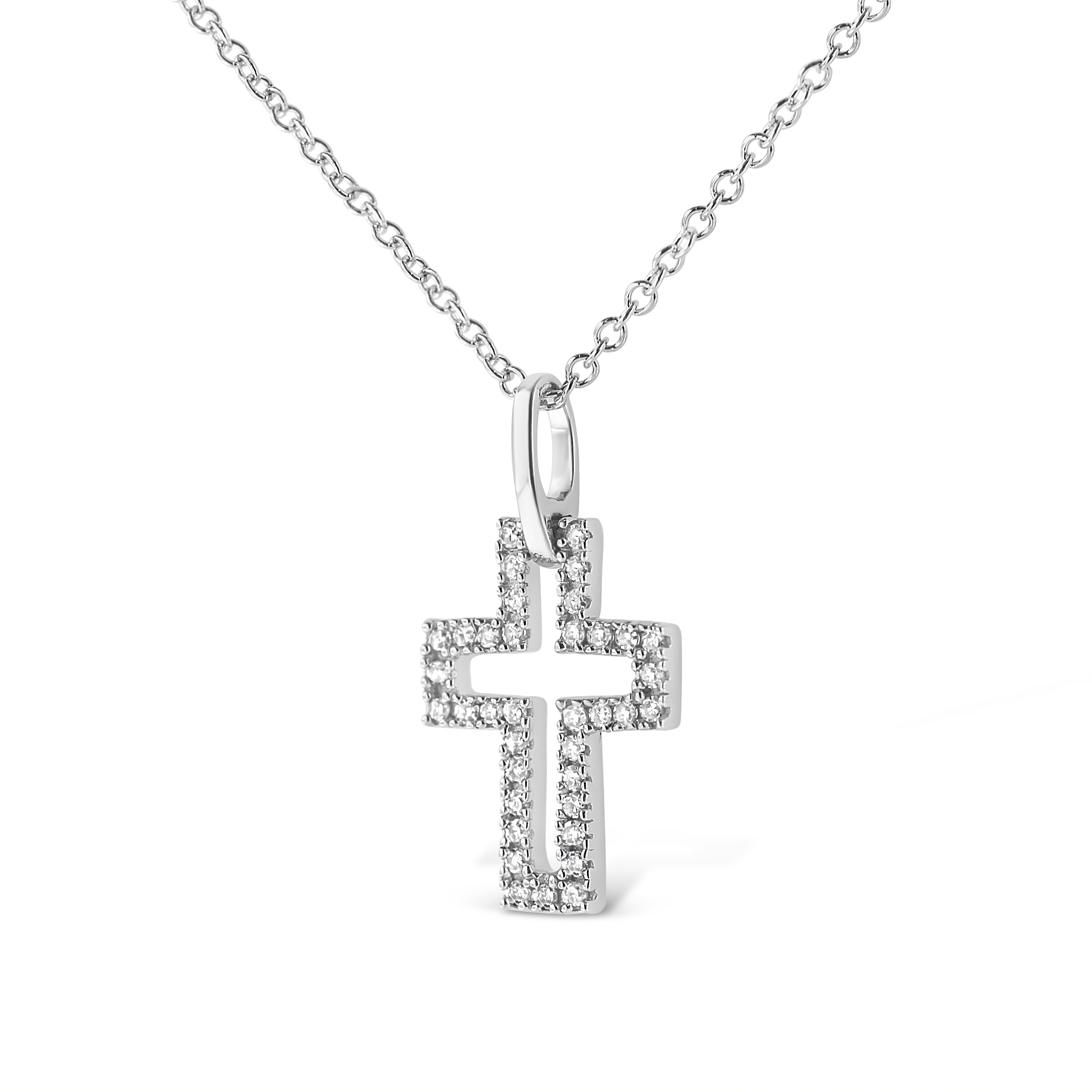 .925 Sterling Silver 1/10 cttw Pave-Set Round-Cut Diamond Open Cross 18" Pendant Necklace (I-J Color, I1-2 Clarity)