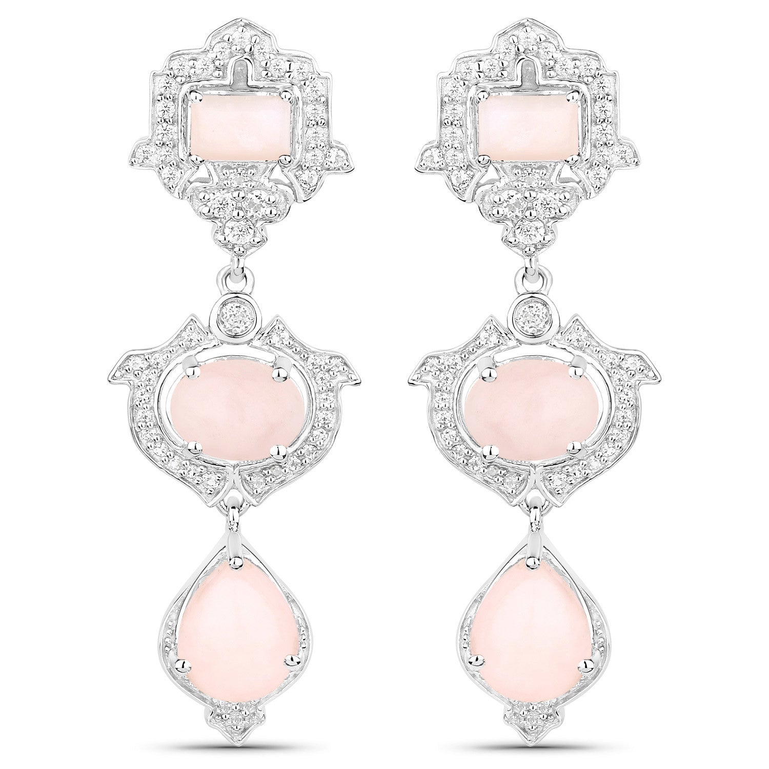 6.97 Carat Genuine Pink Opal and White Topaz .925 Sterling Silver Earrings