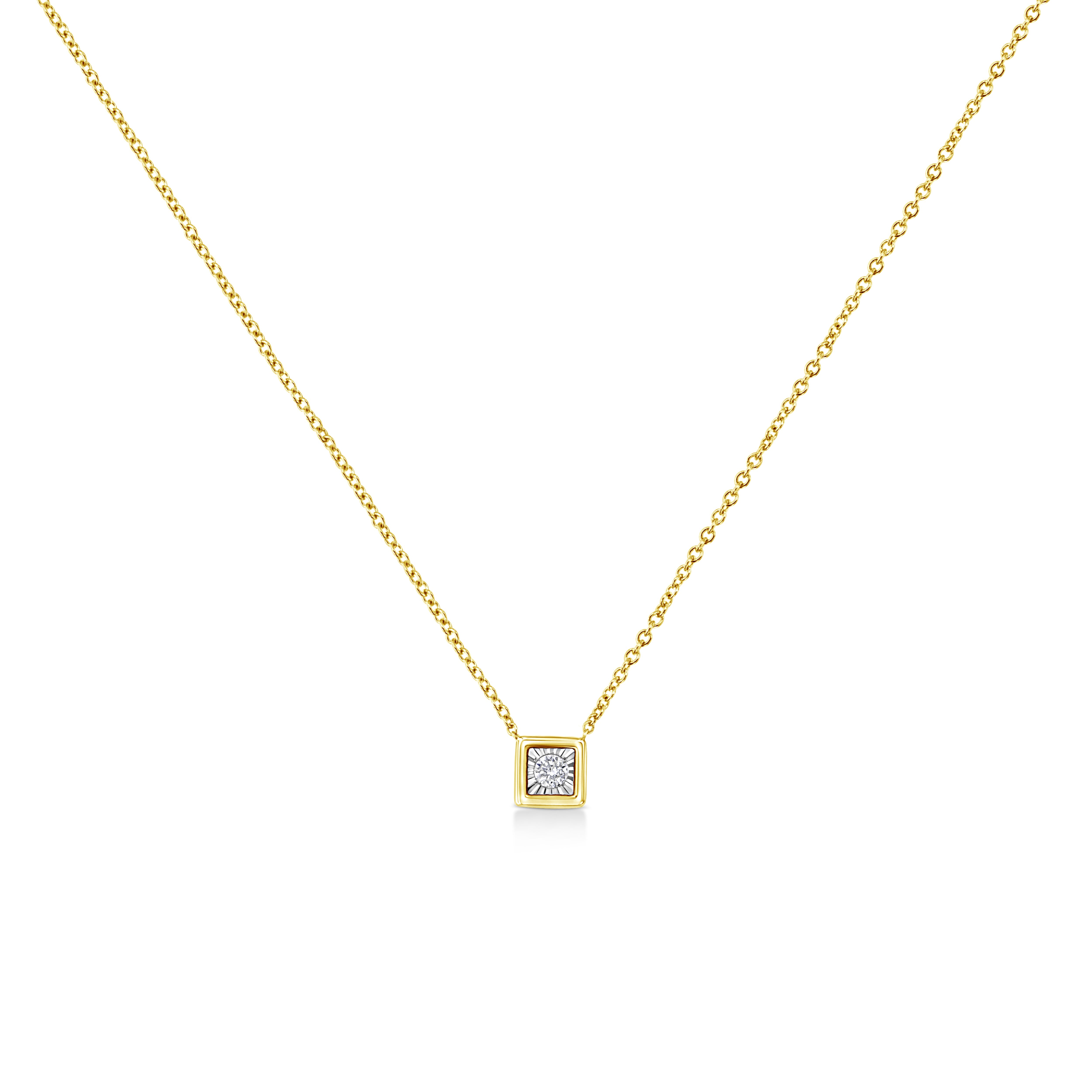 10K Yellow Gold Plated .925 Sterling Silver 1/10 Cttw Miracle Set Round Diamond Square Box Shape 18" Pendant Necklace (K-L Color, I2-I3 Clarity)
