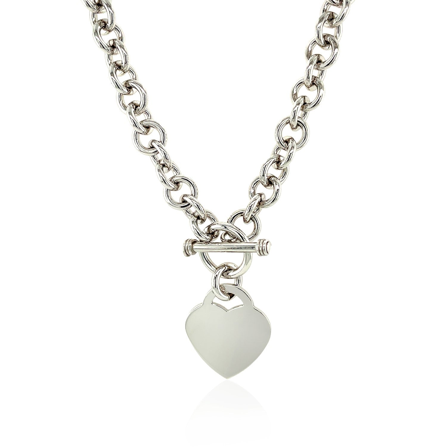 Sterling Silver Rolo Chain with a Heart Toggle Charm and Rhodium Plating