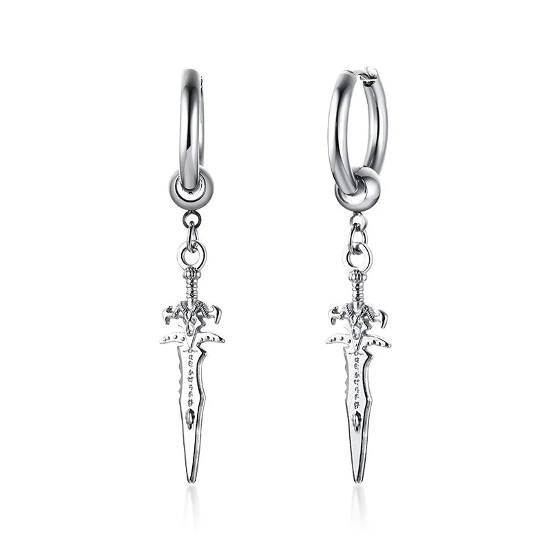 SINGLE SILVER COLOR DAGGER EARRING MEN STAINLESS STEEL SWORD HUGGIE HOOPS EARRINGS COOL FASHION ROCK TATTOO MEN JEWELRY