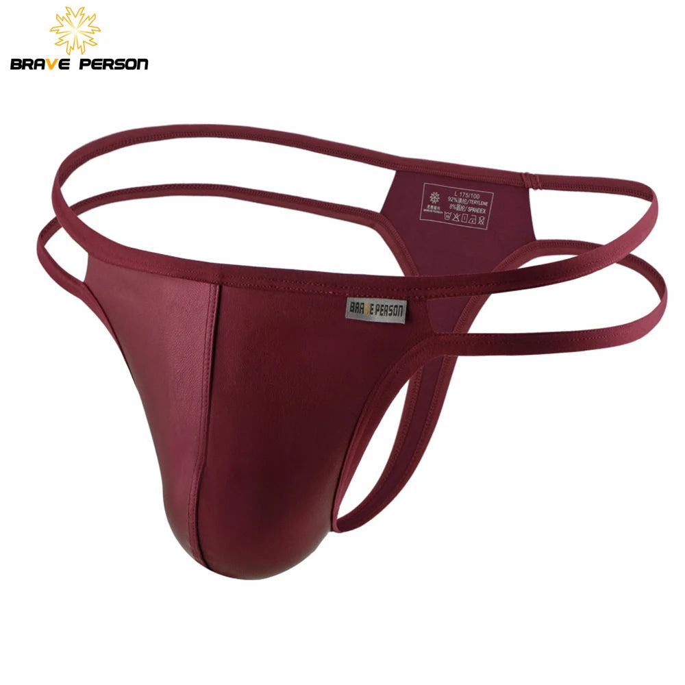 BRAVE PERSON Men Briefs Sexy Underwear Men Thongs Imitation Leather Fabric Double Belts Design Sissy Panties Thongs for Man