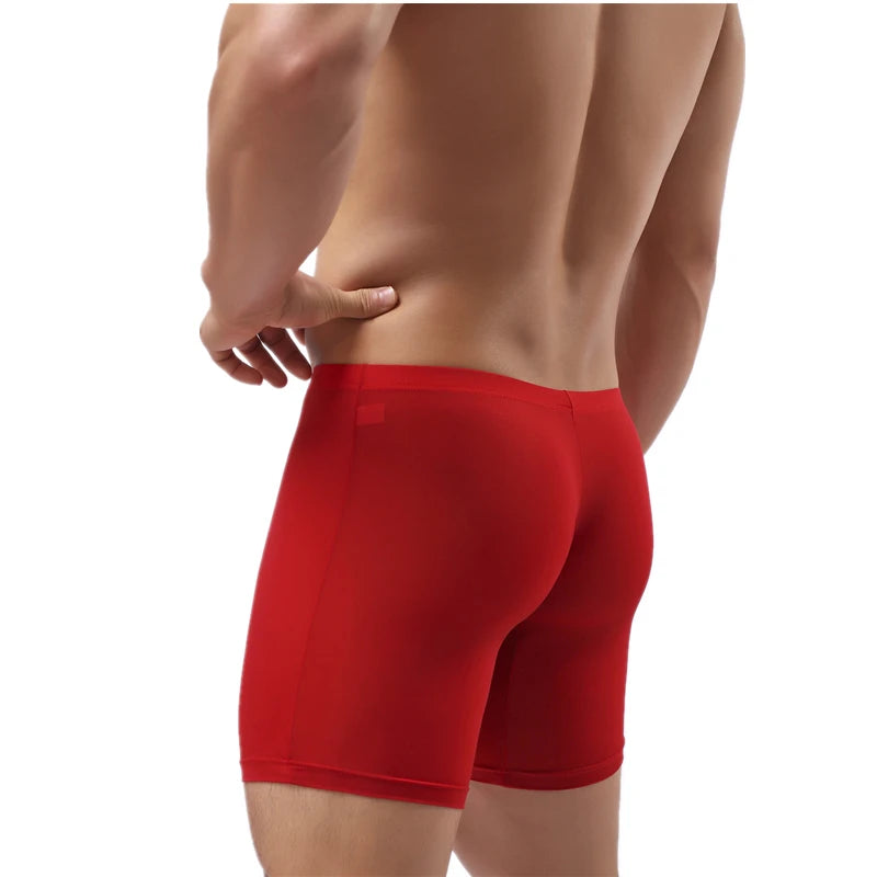 Ice Silk Long Men Boxer Low Waist Solid Men Underwear Boxer Shorts Long Leg Boxers Underpants Sexy U Pouch Boxer Underwear