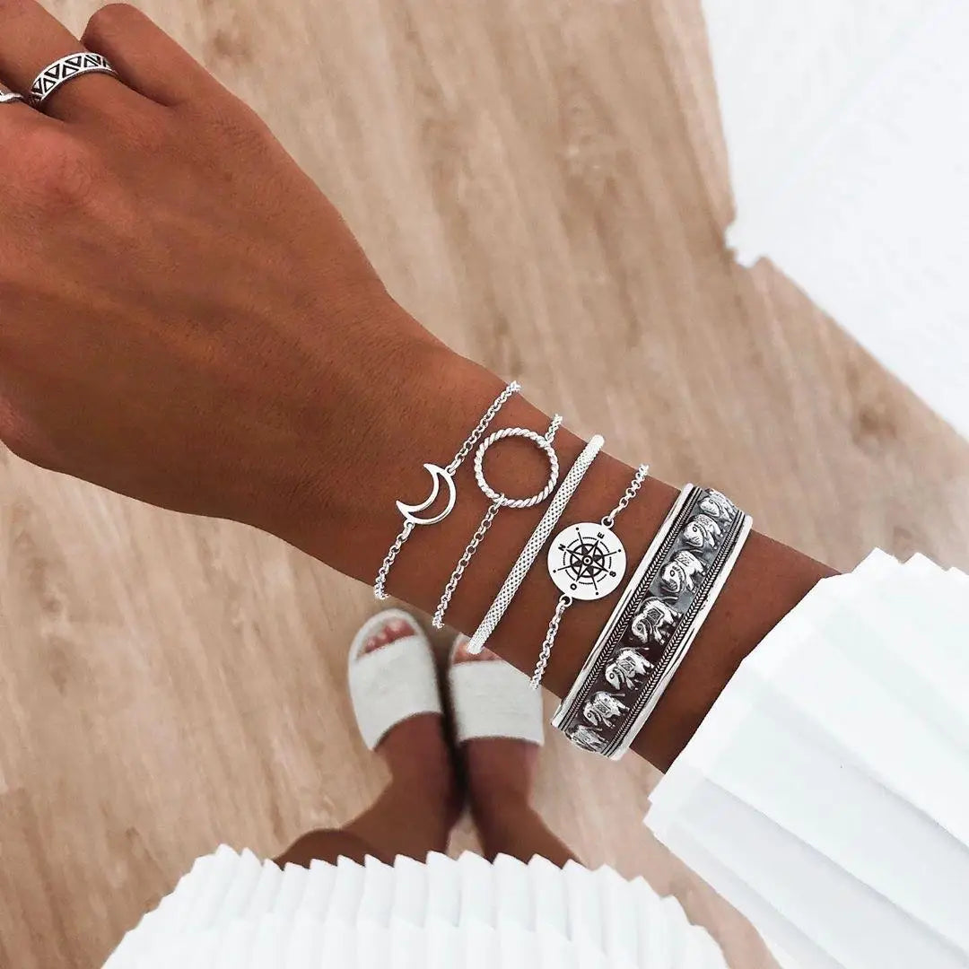 5pcs/set Bohemia Shell Moon Charm Bracelet set For Women Heart Geometric Black Beads Chain Bangle Girls Fashion Jewelry Gift