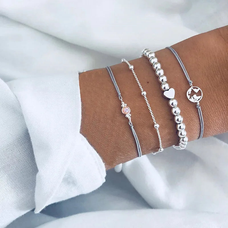 5pcs/set Bohemia Shell Moon Charm Bracelet set For Women Heart Geometric Black Beads Chain Bangle Girls Fashion Jewelry Gift