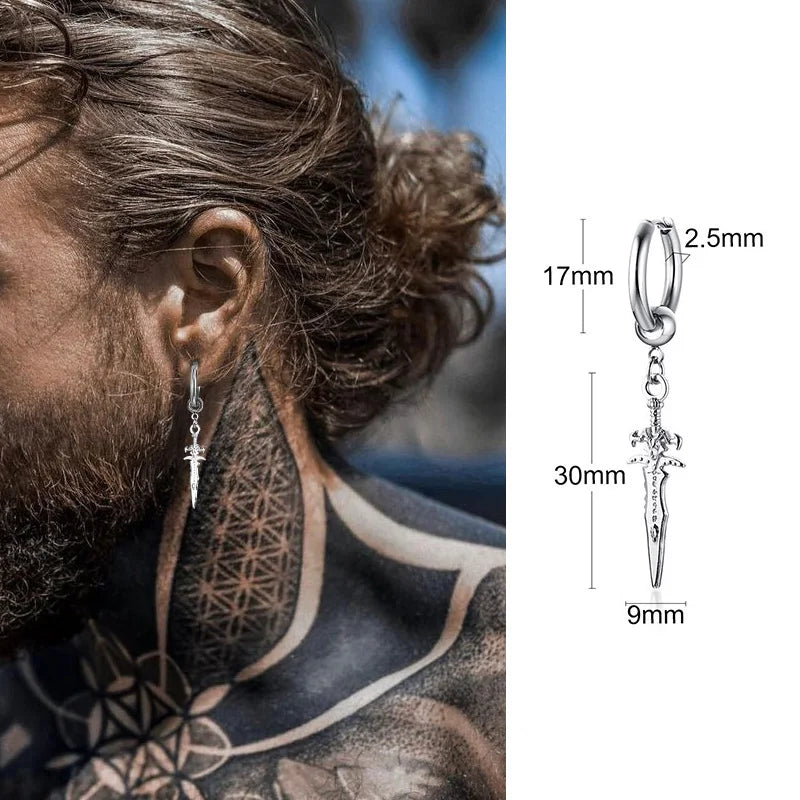 SINGLE SILVER COLOR DAGGER EARRING MEN STAINLESS STEEL SWORD HUGGIE HOOPS EARRINGS COOL FASHION ROCK TATTOO MEN JEWELRY