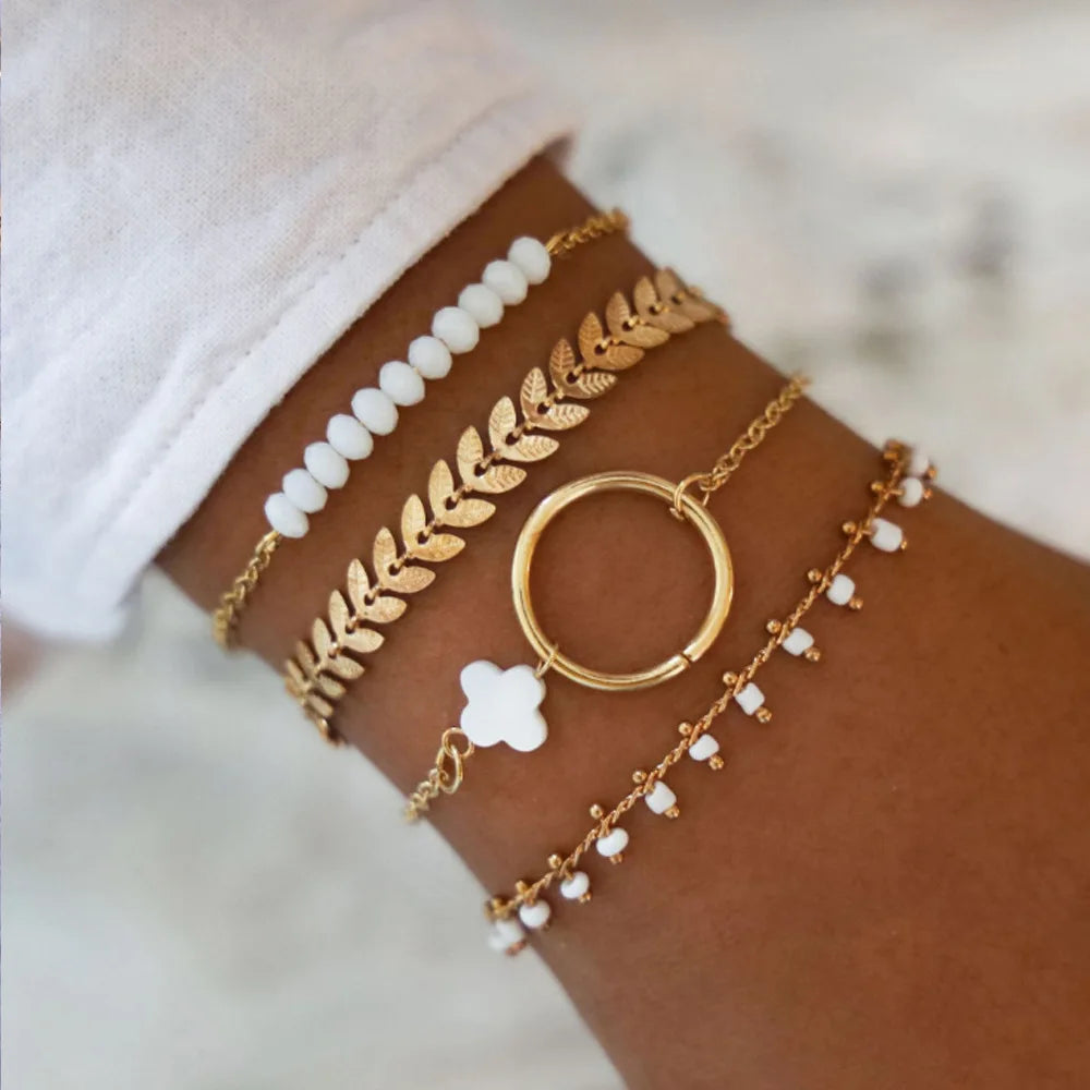 5pcs/set Bohemia Shell Moon Charm Bracelet set For Women Heart Geometric Black Beads Chain Bangle Girls Fashion Jewelry Gift