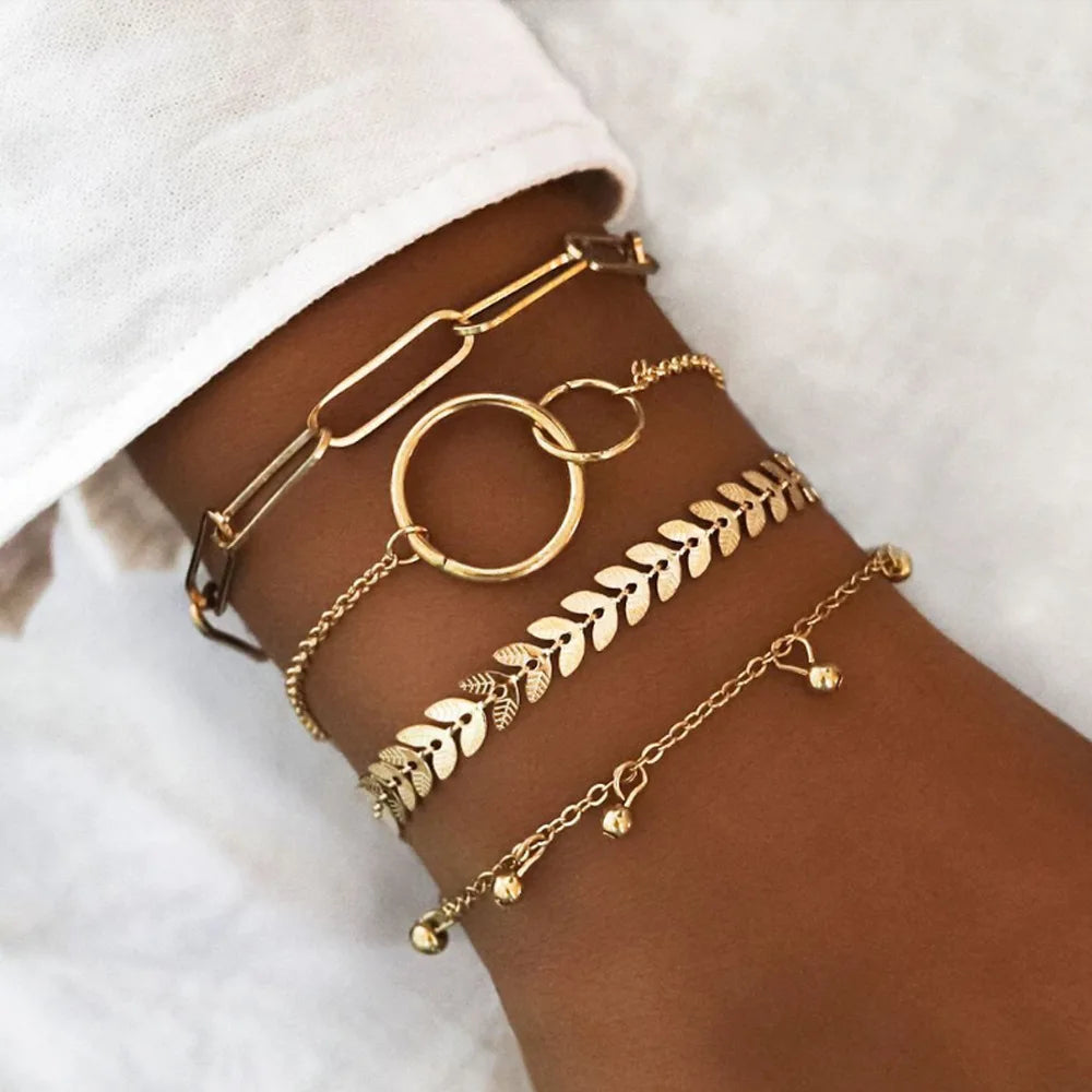 5pcs/set Bohemia Shell Moon Charm Bracelet set For Women Heart Geometric Black Beads Chain Bangle Girls Fashion Jewelry Gift