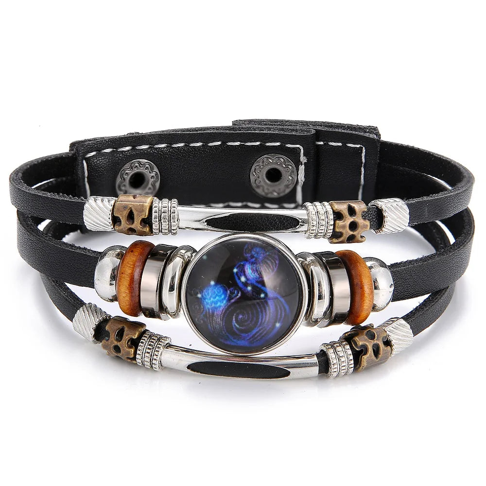 Charm Jewelry 12 Zodiac Weave Bracelets for Women Vintage Multi-layer Stainless Steel 12 Constellations Leather Bracelet