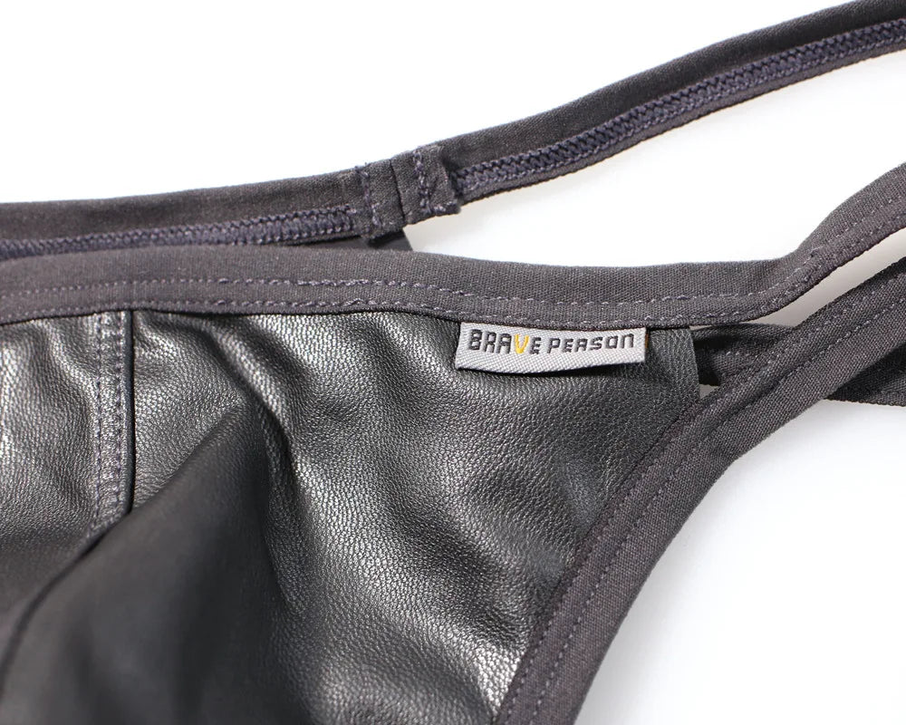 BRAVE PERSON Men Briefs Sexy Underwear Men Thongs Imitation Leather Fabric Double Belts Design Sissy Panties Thongs for Man