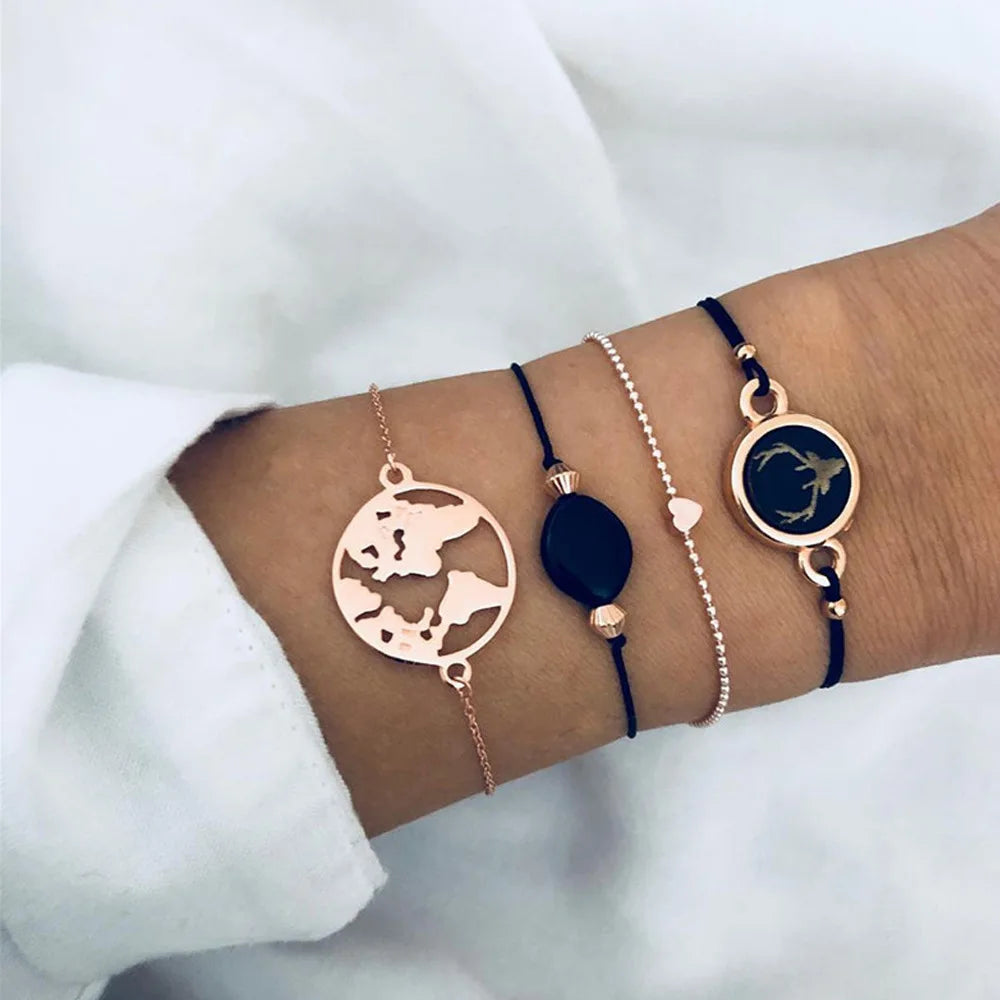 5pcs/set Bohemia Shell Moon Charm Bracelet set For Women Heart Geometric Black Beads Chain Bangle Girls Fashion Jewelry Gift