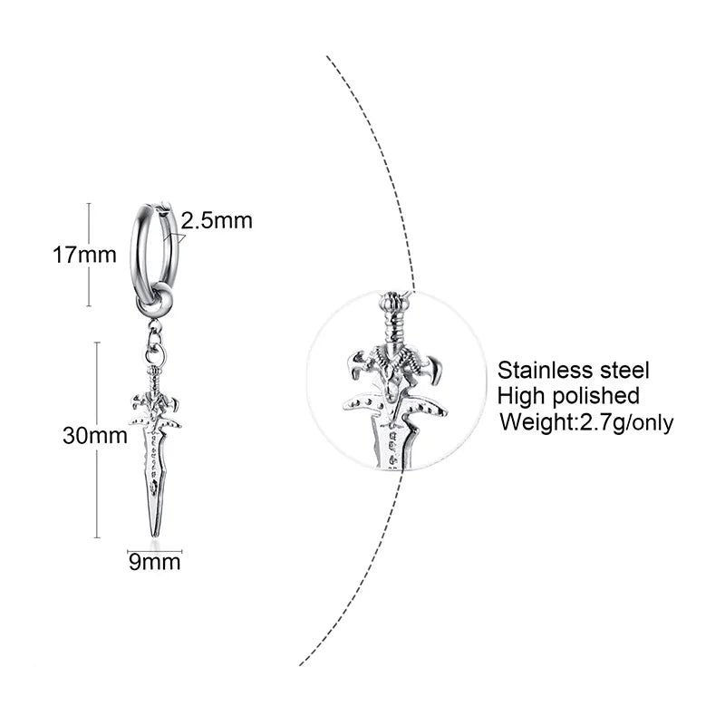 SINGLE SILVER COLOR DAGGER EARRING MEN STAINLESS STEEL SWORD HUGGIE HOOPS EARRINGS COOL FASHION ROCK TATTOO MEN JEWELRY