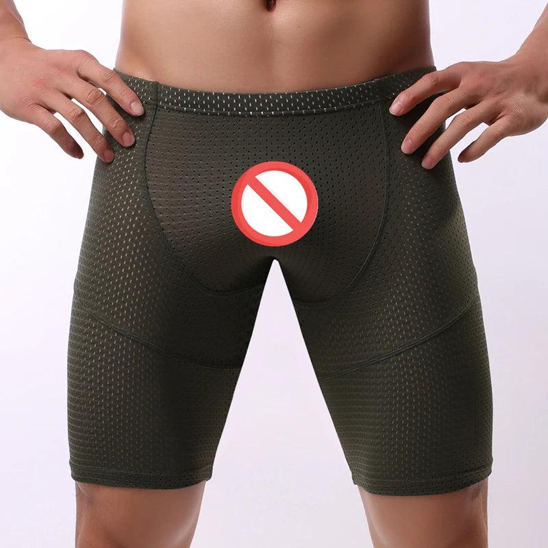 Fitness Long Men Boxer Underwear Mesh Breathable Men Underwear Boxer Shorts Long Leg Trunks Sexy Pouch Running Underpants
