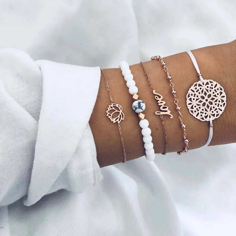 5pcs/set Bohemia Shell Moon Charm Bracelet set For Women Heart Geometric Black Beads Chain Bangle Girls Fashion Jewelry Gift