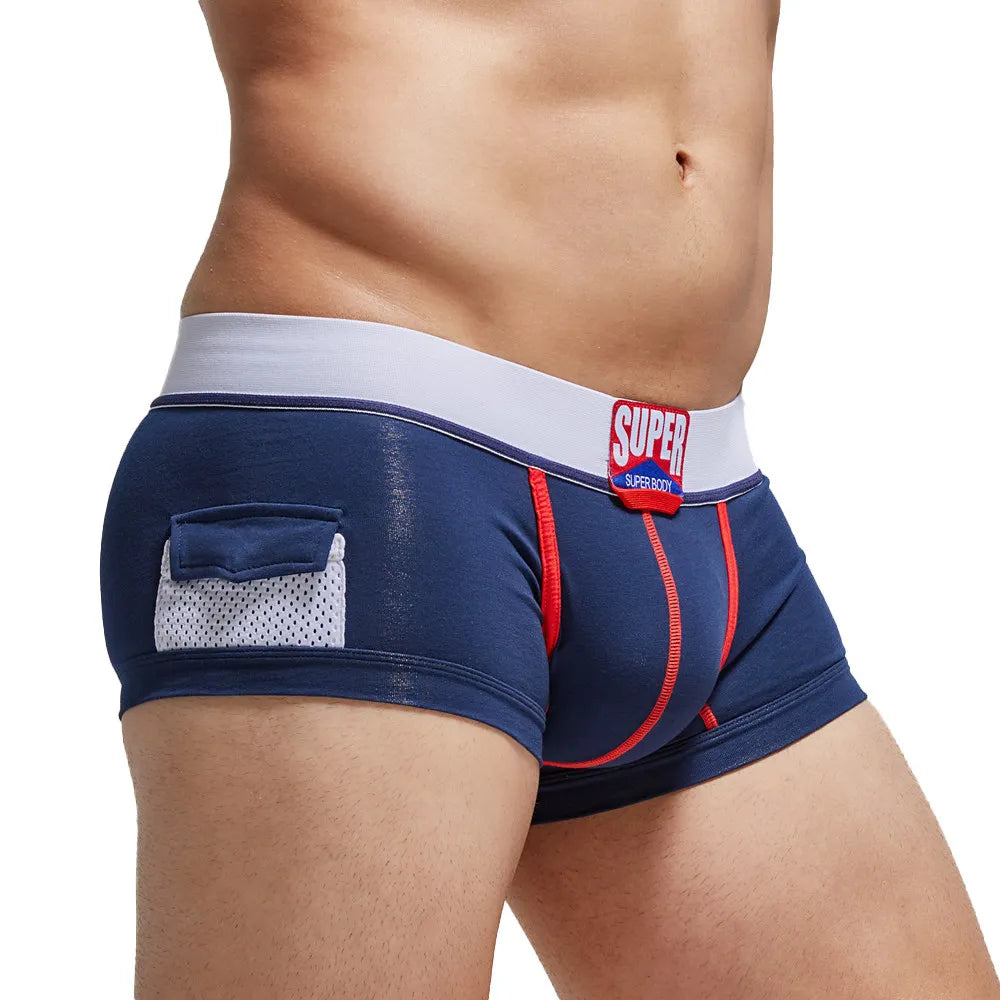 SUPERBODY Men's Boxer Shorts Cotton Solid Sexy Underwear U convex Pouch Boxers Briefs Pocket Decorative Male Panties