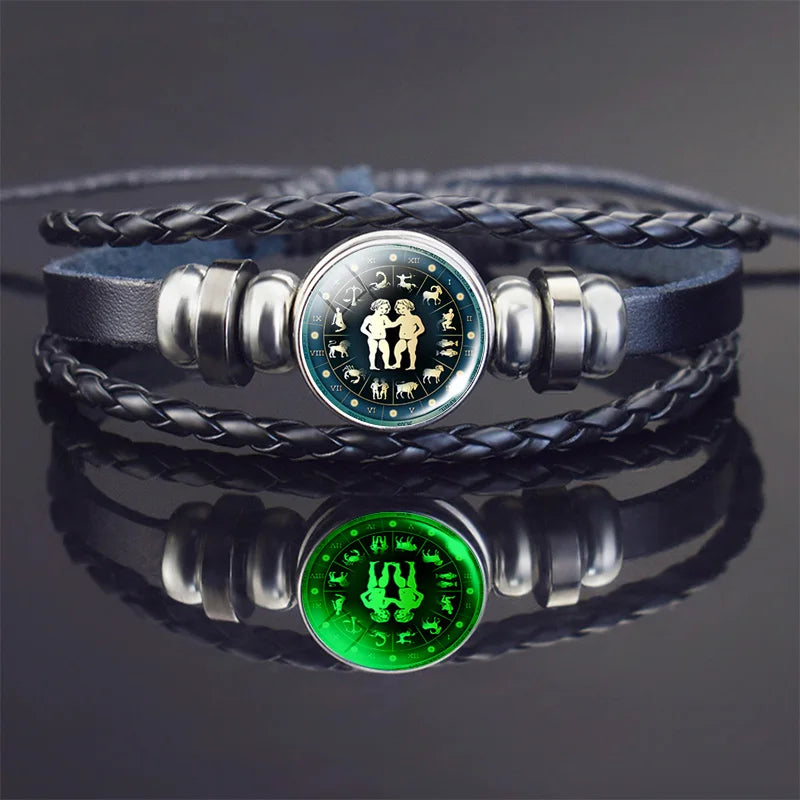 Glow In The Dark Constellation Gemini Bracelet Braided Leather Bracelet Zodiac Gemini Jewelry Birthday Present