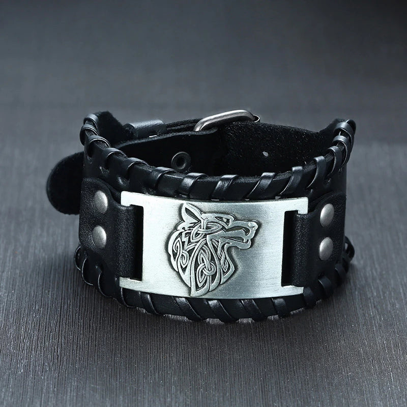 Vnox Wide Leather Wristband for Men Stylish Genuine Leather Bangle with Metal Charm Bracelets Punk Male Pulseira