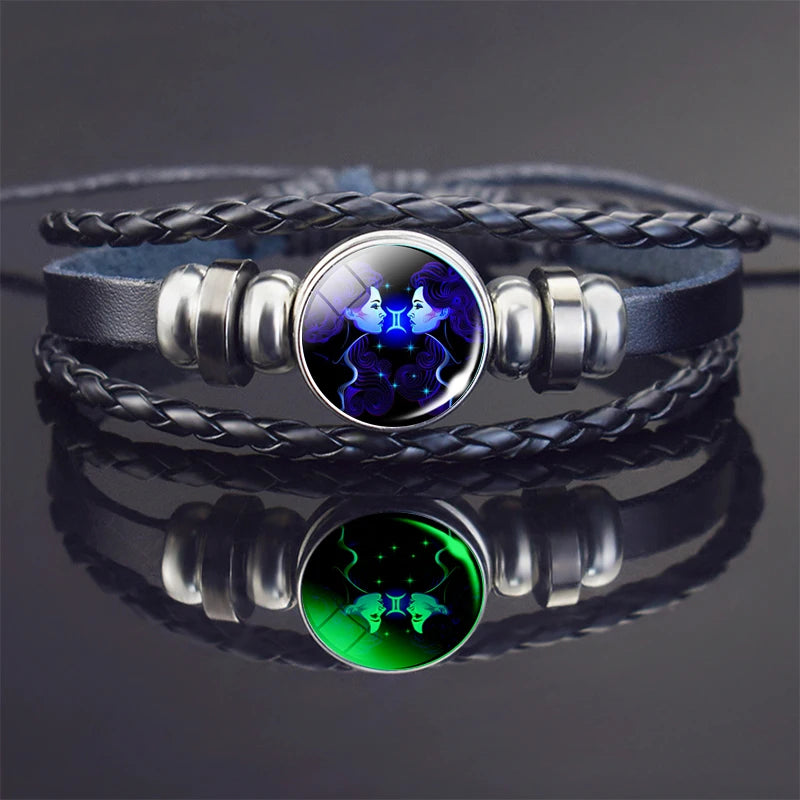 Glow In The Dark Constellation Gemini Bracelet Braided Leather Bracelet Zodiac Gemini Jewelry Birthday Present