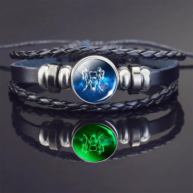 Glow In The Dark Constellation Gemini Bracelet Braided Leather Bracelet Zodiac Gemini Jewelry Birthday Present