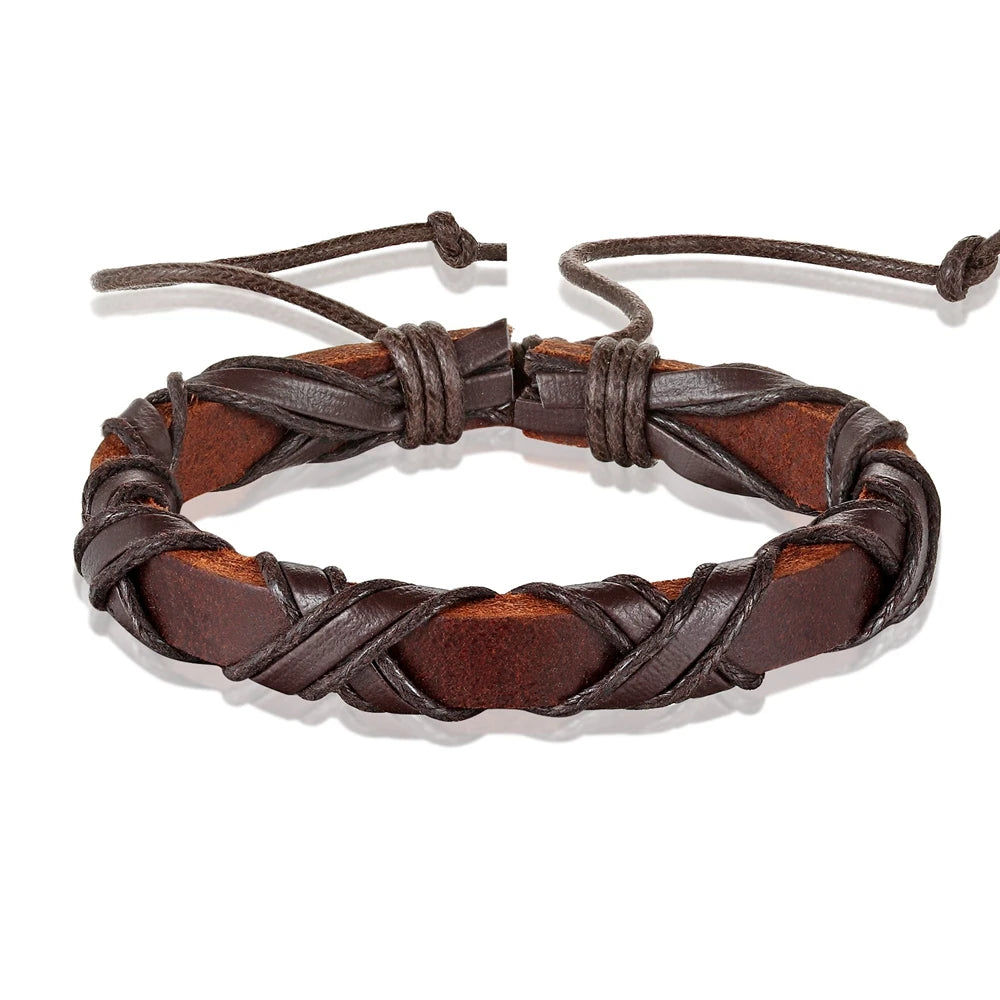 Black/Brown Faux Leather Bracelet Punk Men Jewelry