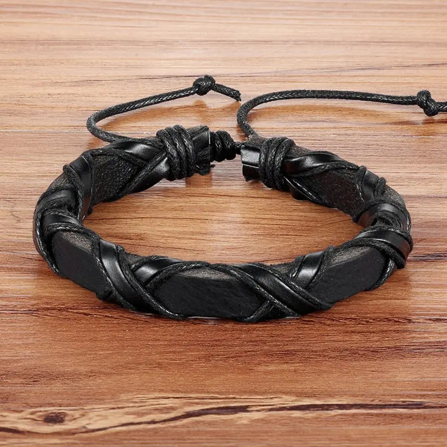 Black/Brown Faux Leather Bracelet Punk Men Jewelry
