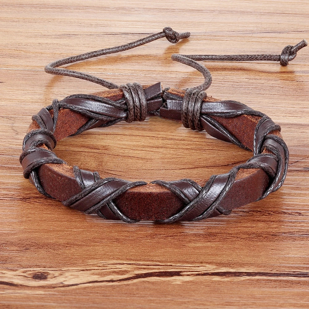 Black/Brown Faux Leather Bracelet Punk Men Jewelry