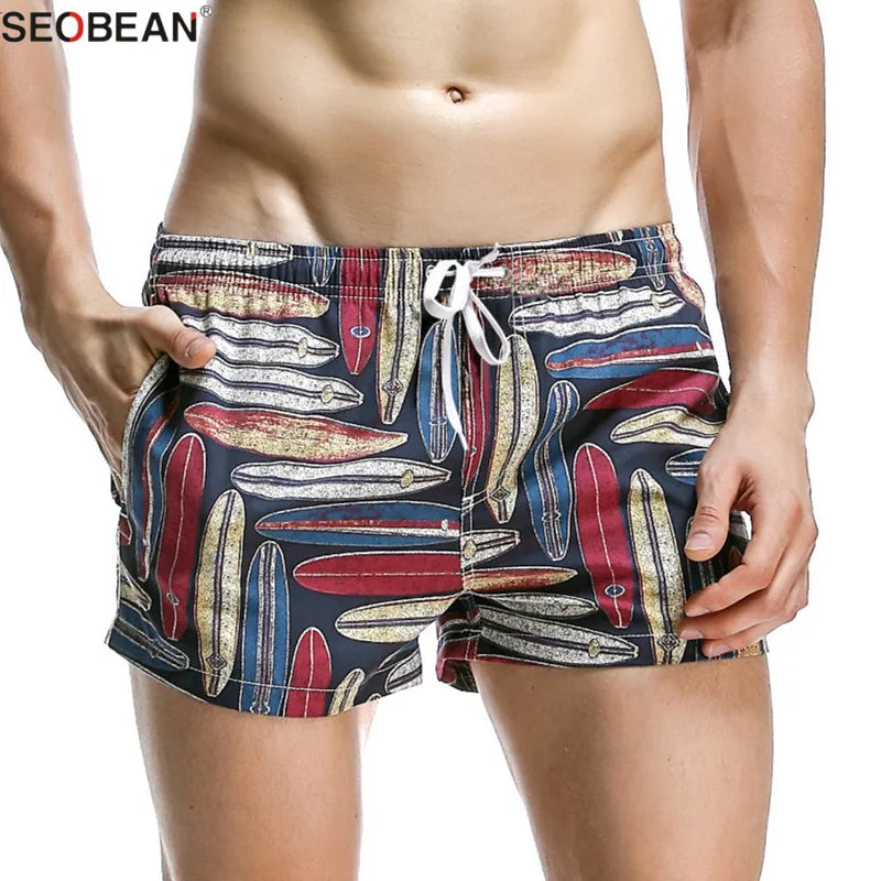 SEOBEAN Summer Style Seaside Men Beach Shorts Men Quick Dry Polyester Fabrics Beachwear Men's Board Shorts Trunks Print Shorts