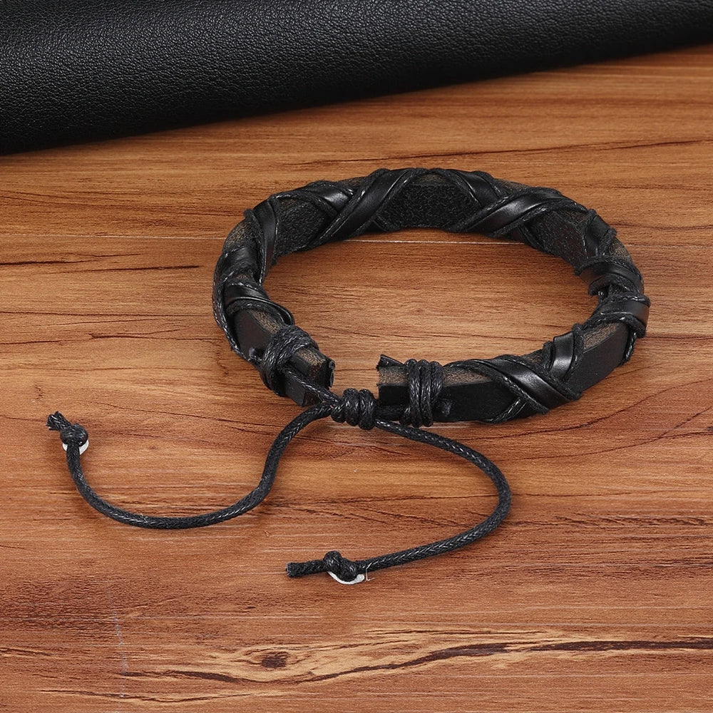 Black/Brown Faux Leather Bracelet Punk Men Jewelry