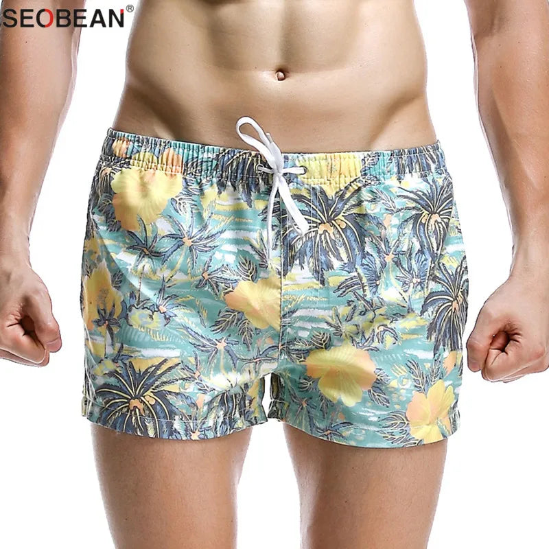 SEOBEAN Summer Style Seaside Men Beach Shorts Men Quick Dry Polyester Fabrics Beachwear Men's Board Shorts Trunks Print Shorts