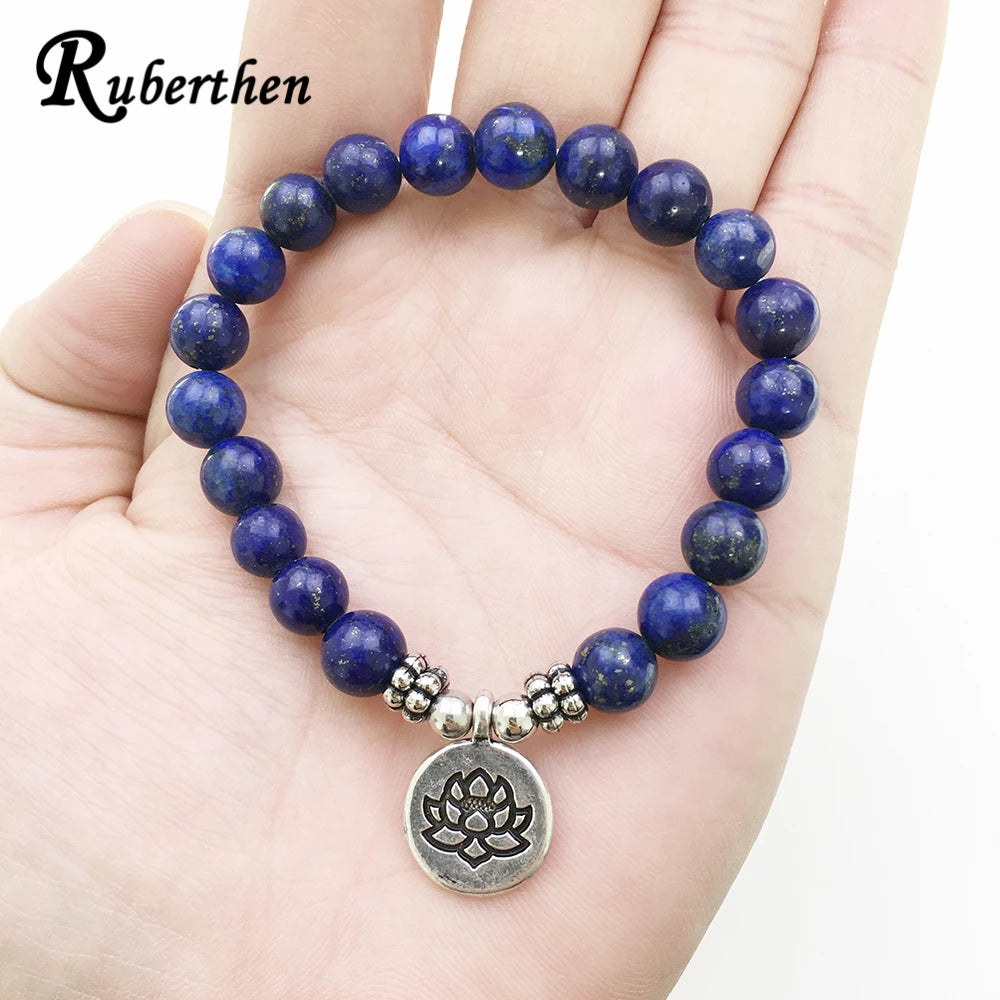 Ruberthen High Quality Lapis Lazuli Bracelet Natural Gemstone Bead Mens Bracelet Throat Chakra Spiritual Gift for Him