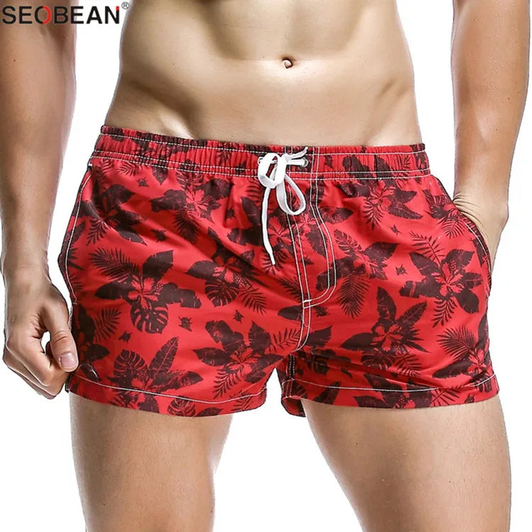 SEOBEAN Summer Style Seaside Men Beach Shorts Men Quick Dry Polyester Fabrics Beachwear Men's Board Shorts Trunks Print Shorts