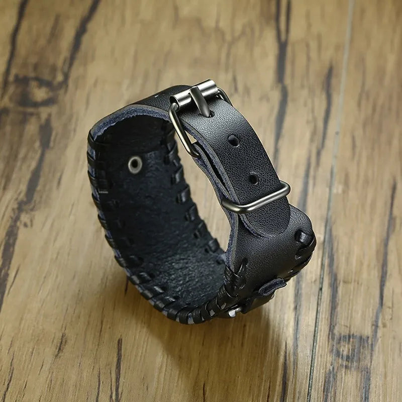 Vnox Wide Leather Wristband for Men Stylish Genuine Leather Bangle with Metal Charm Bracelets Punk Male Pulseira