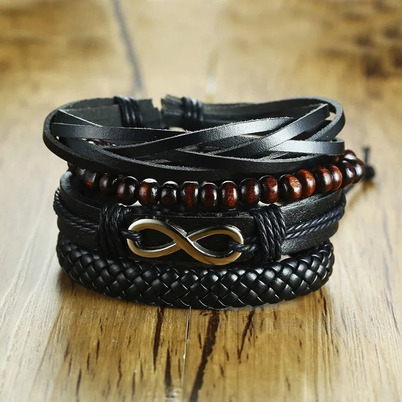 Vnox Mix 4Pcs/ Set Braided Wrap Leather Bracelets for Men Women