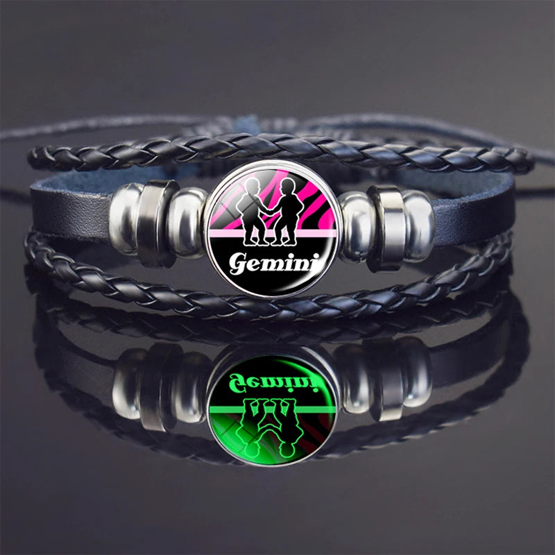 Glow In The Dark Constellation Gemini Bracelet Braided Leather Bracelet Zodiac Gemini Jewelry Birthday Present