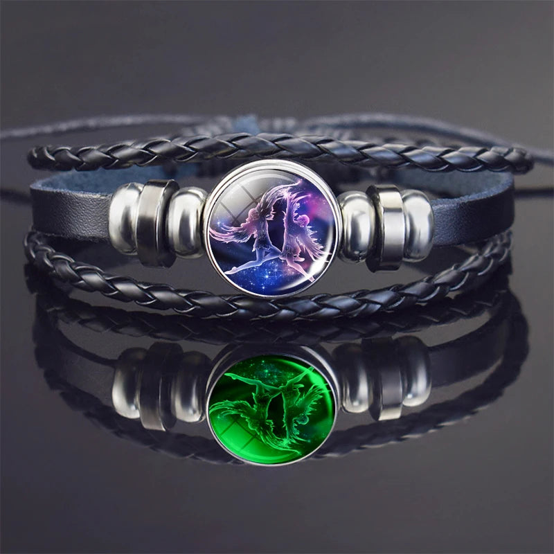 Glow In The Dark Constellation Gemini Bracelet Braided Leather Bracelet Zodiac Gemini Jewelry Birthday Present