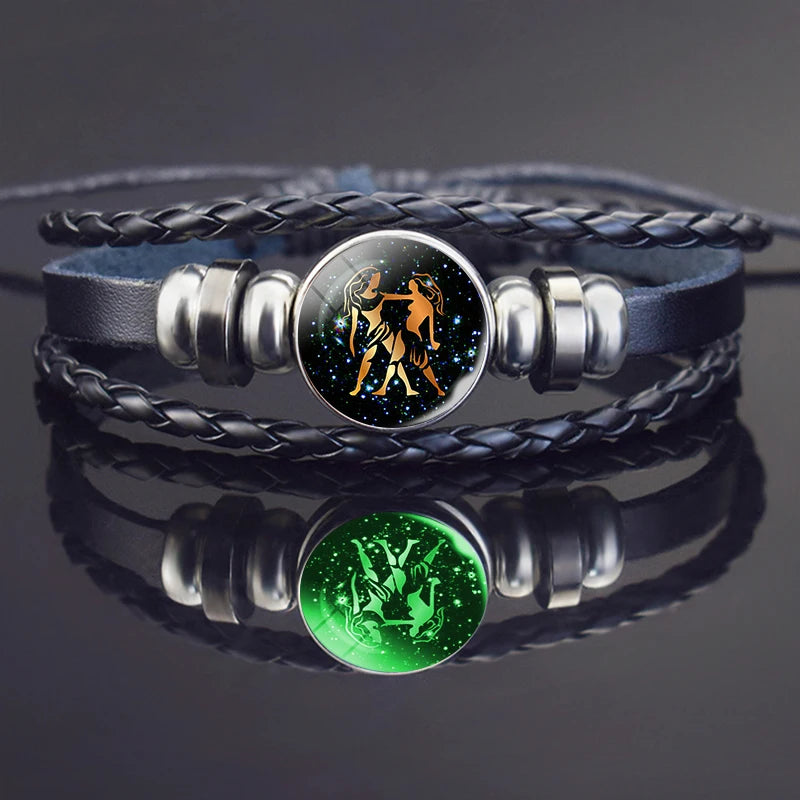 Glow In The Dark Constellation Gemini Bracelet Braided Leather Bracelet Zodiac Gemini Jewelry Birthday Present