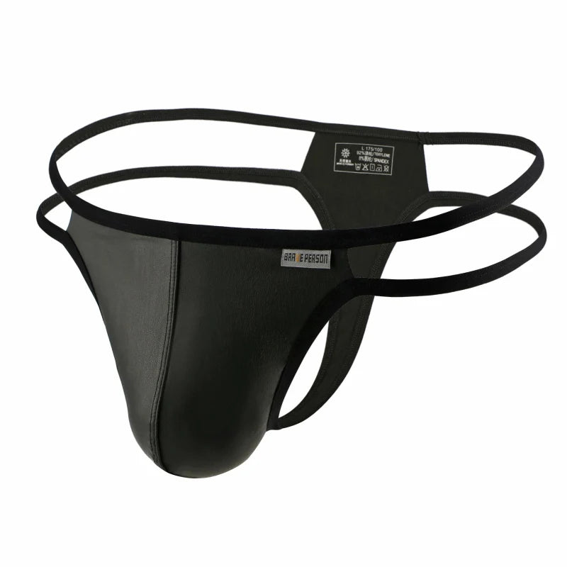 BRAVE PERSON Men Briefs Sexy Underwear Men Thongs Imitation Leather Fabric Double Belts Design Sissy Panties Thongs for Man
