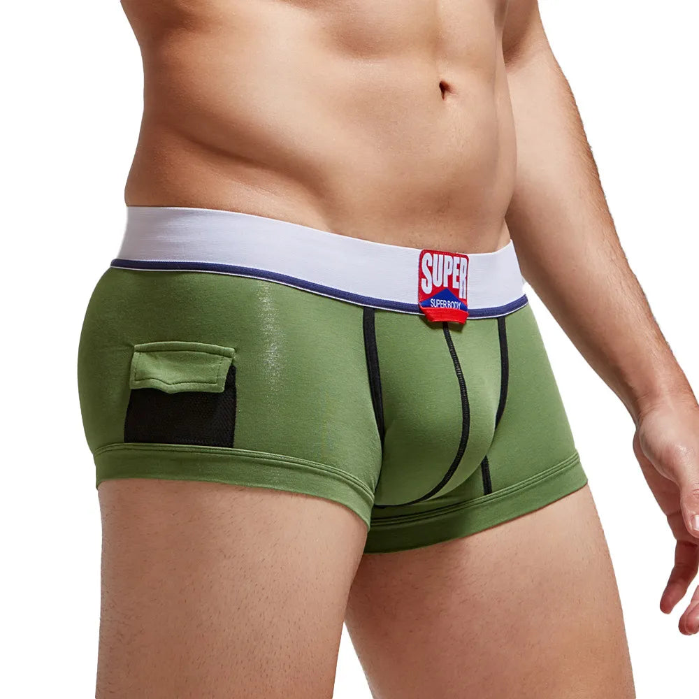 SUPERBODY Men's Boxer Shorts Cotton Solid Sexy Underwear U convex Pouch Boxers Briefs Pocket Decorative Male Panties