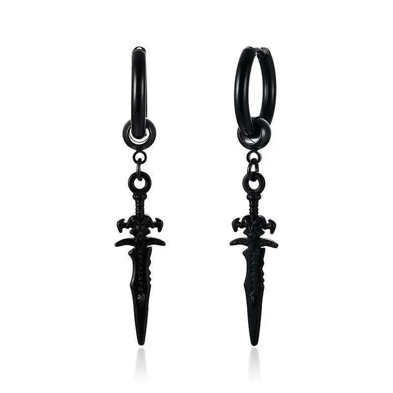 SINGLE SILVER COLOR DAGGER EARRING MEN STAINLESS STEEL SWORD HUGGIE HOOPS EARRINGS COOL FASHION ROCK TATTOO MEN JEWELRY