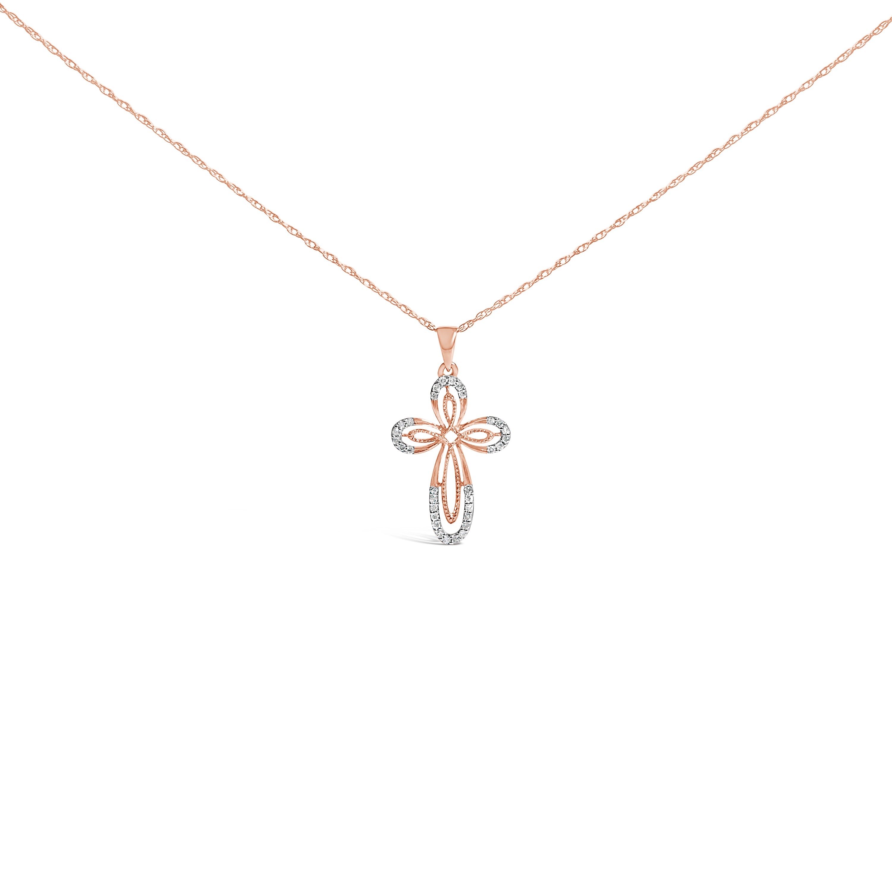 10K Rose Gold Plated Sterling Silver 1/6 Cttw Diamond Double Loop Cross Pendant Necklace