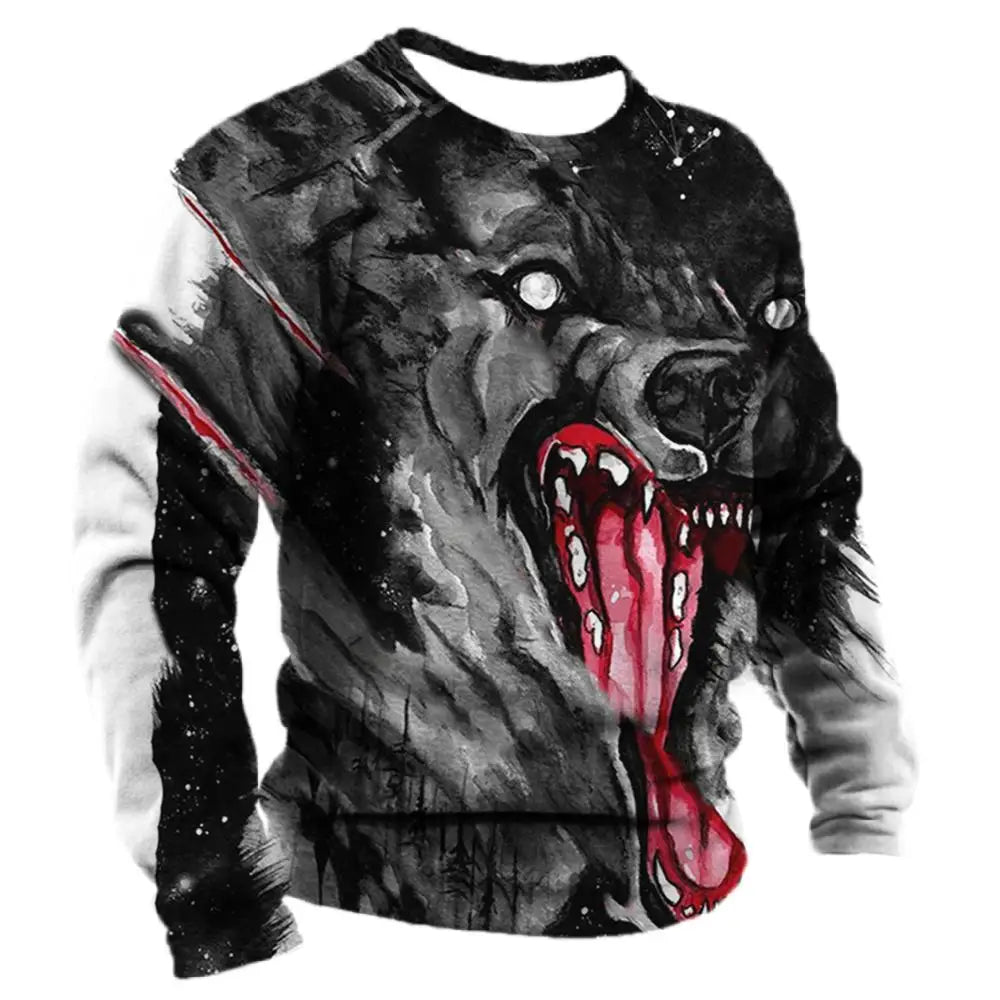 Men's Long Sleeve T-shirt Winter 3D Animal Print T Shirts Street Fashion Wolf Pattern Tops Tees Oversized Men's Clothing