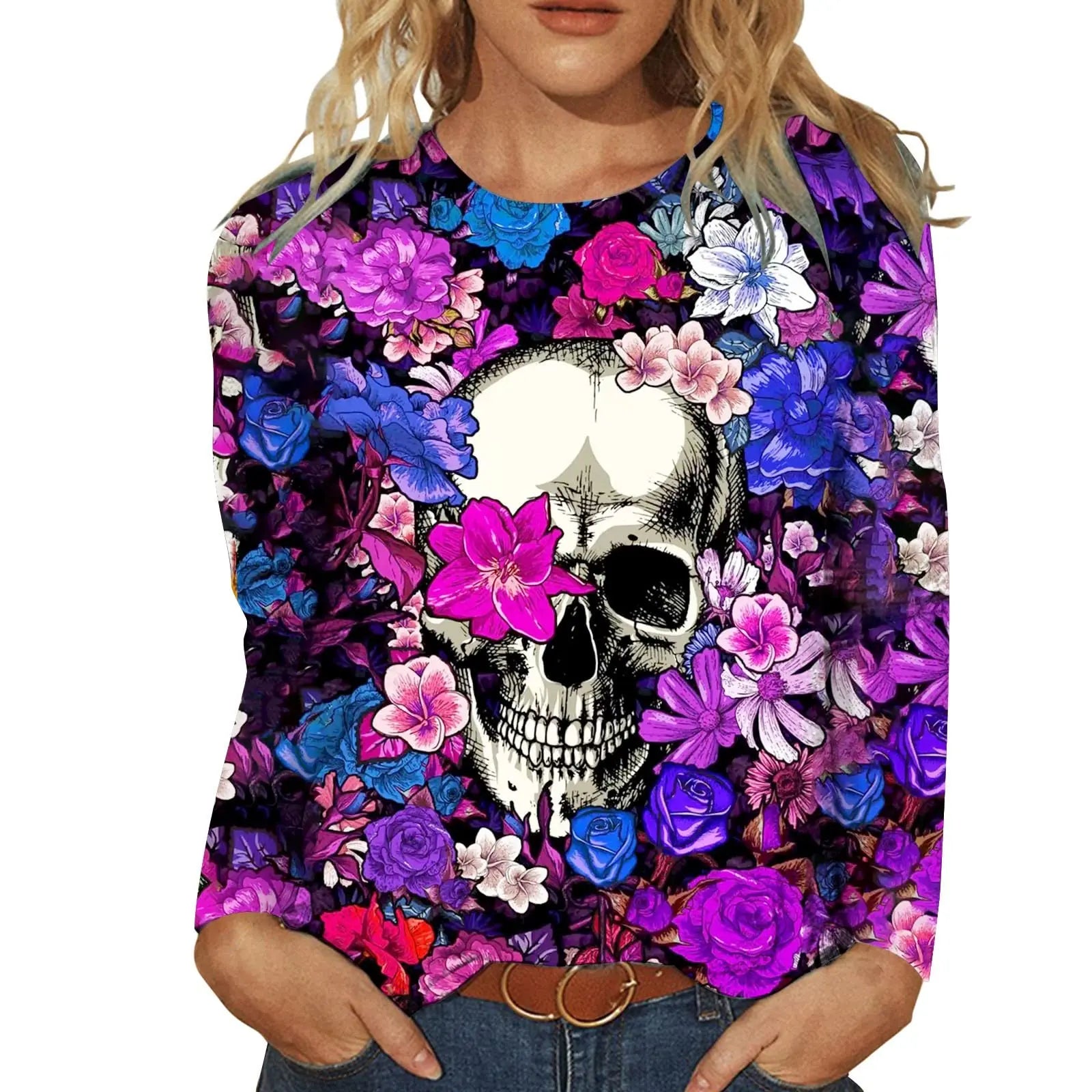 2024 New Women Halloween Crow Printed Casual Sweatshirt Round Neck Casual Basic Loose Fashion Women Designer Style
