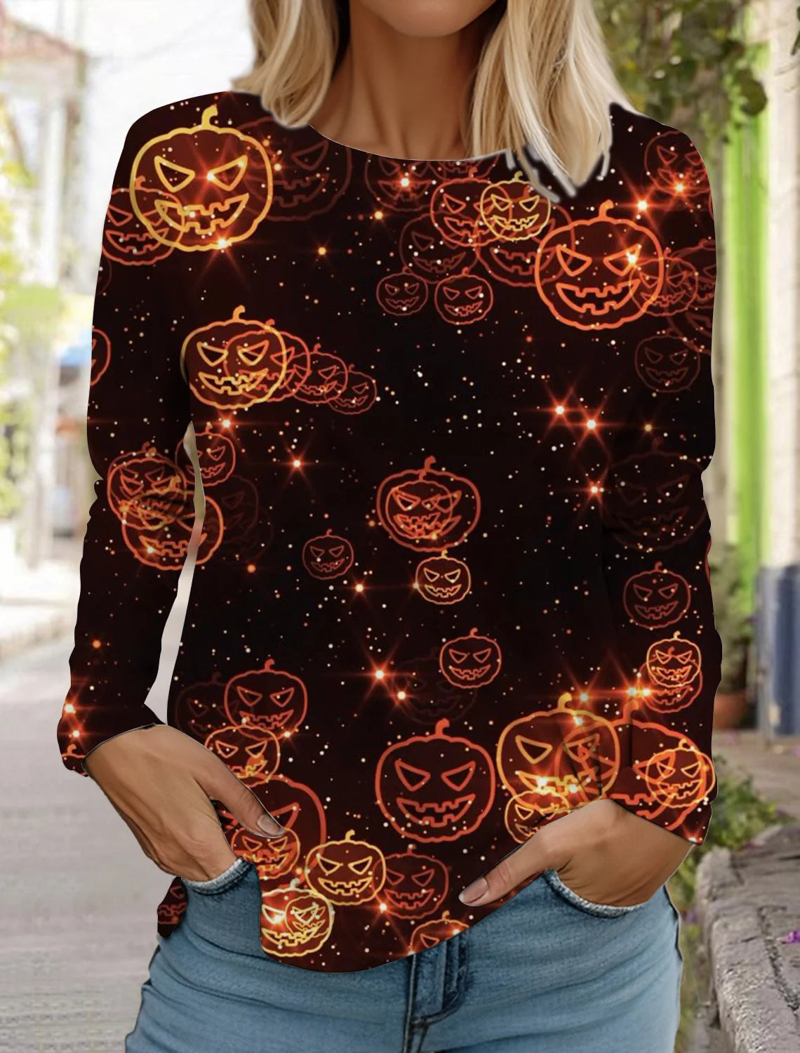 Halloween skull pumpkin print pullover autumn and winter women's casual long sleeve round neck sweatshirt men's clothing