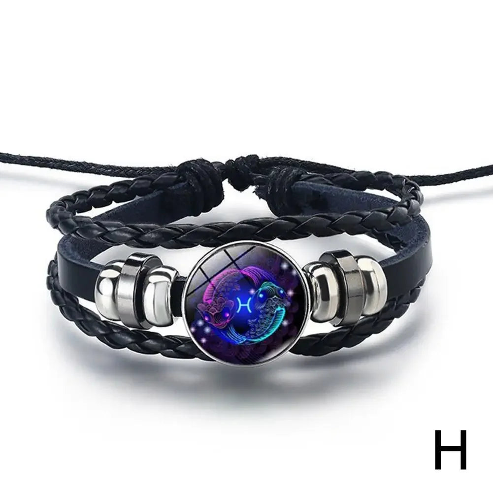 12 Constellation Gem Leather Bracelet Men Women Glass Bracele Couple Leather Multilayer Weave Birthday Gift Bangle Gem