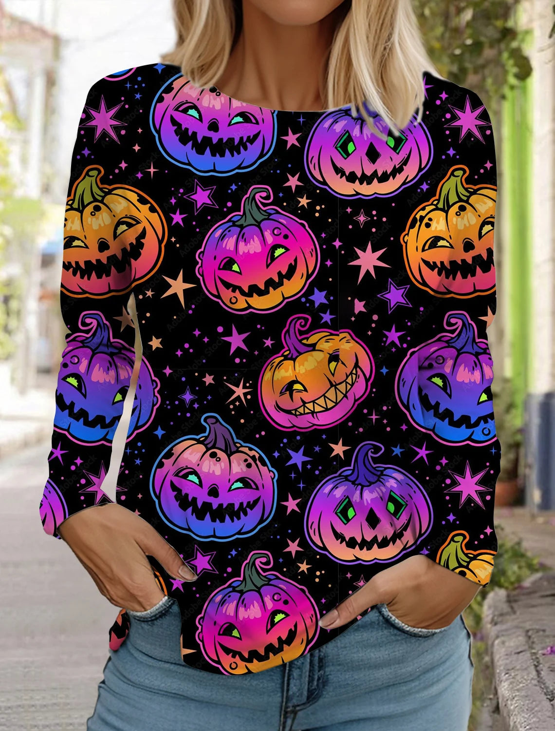 Halloween skull pumpkin print pullover autumn and winter women's casual long sleeve round neck sweatshirt men's clothing